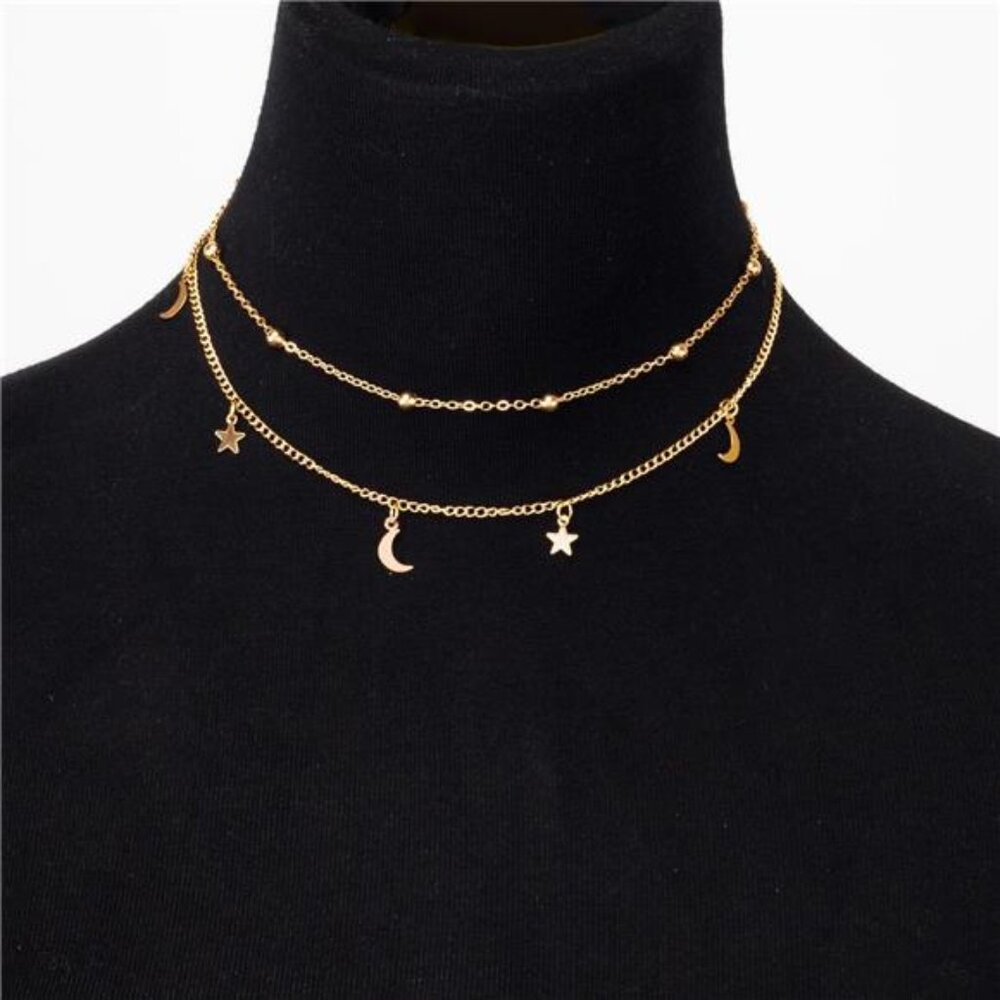 Layered Gold Choker Necklace | Moon & Star Charm | Beaded Chain Jewelry